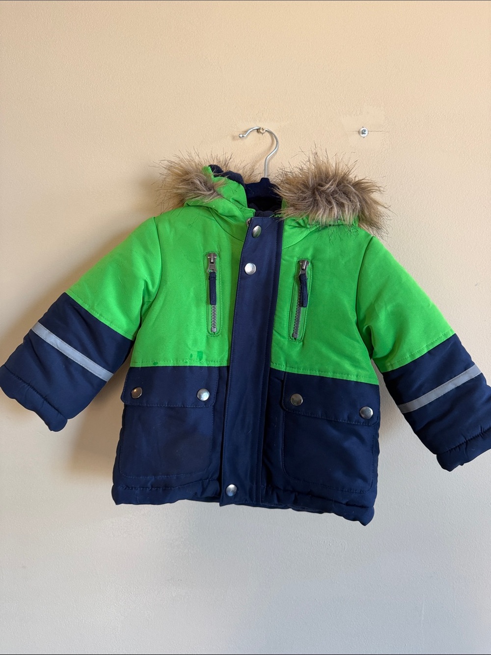 Rothschild Green and Navy Kids Puffer Coat with Faux Fur Trim